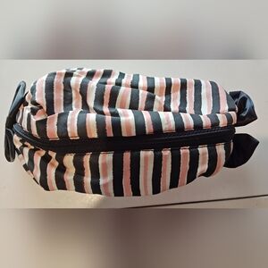 Striped Cosmetic Makeup Bag Pink, Black & White W/Bows Zipper Toiletry Organizer